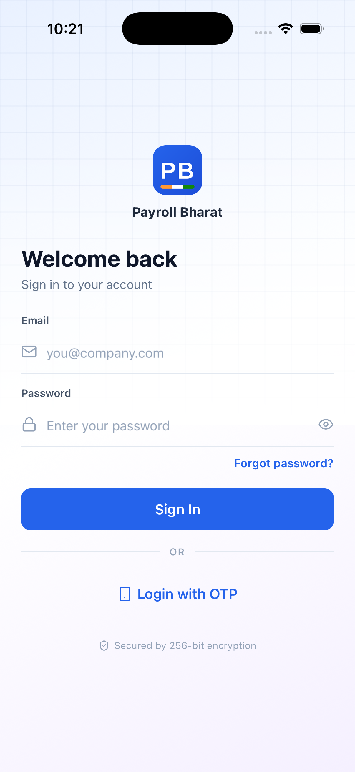 Payroll Bharat mobile app login screen